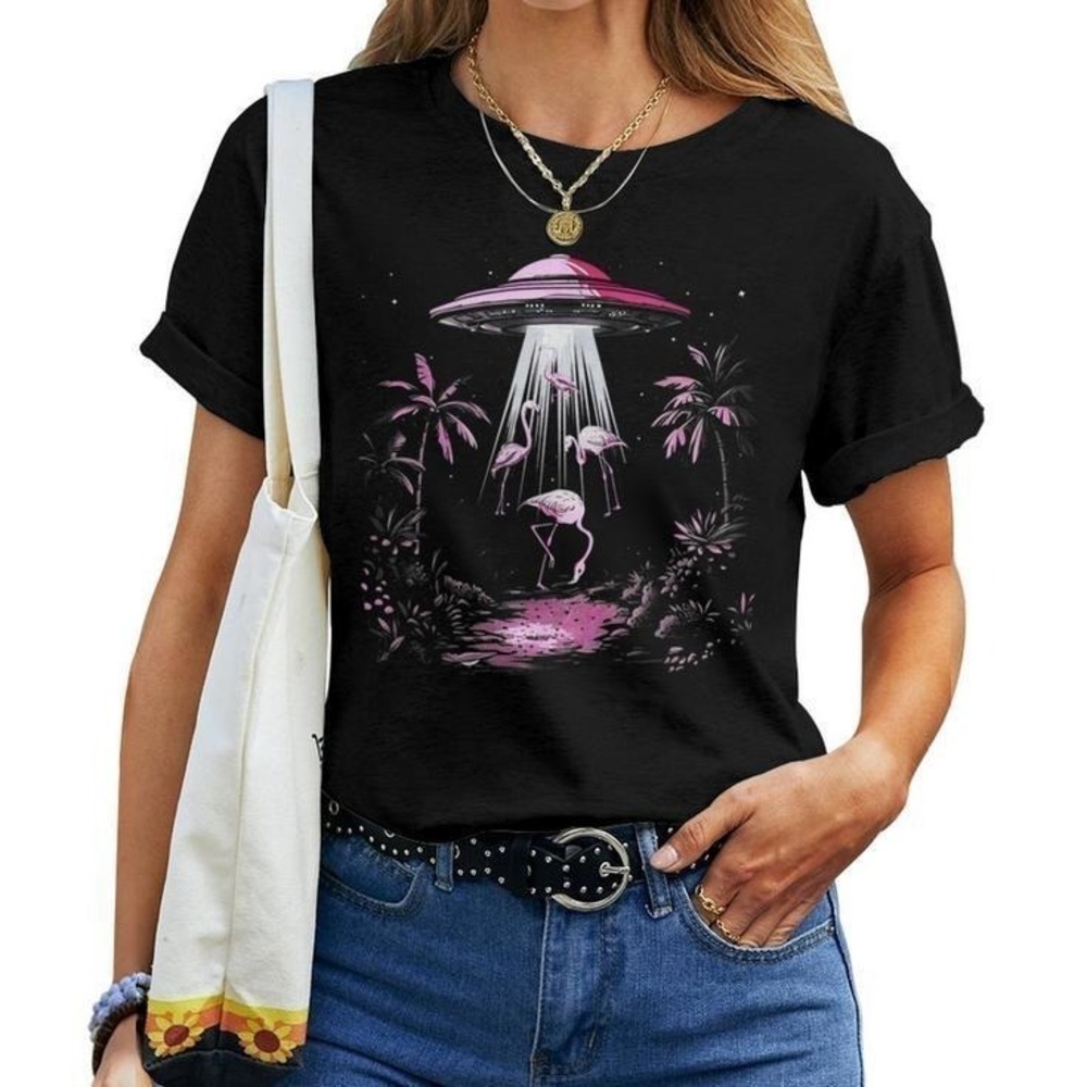 Flamingo Boys Girls Funny Alien Retro Cartoon Fan Unisex Tee T-Shirt